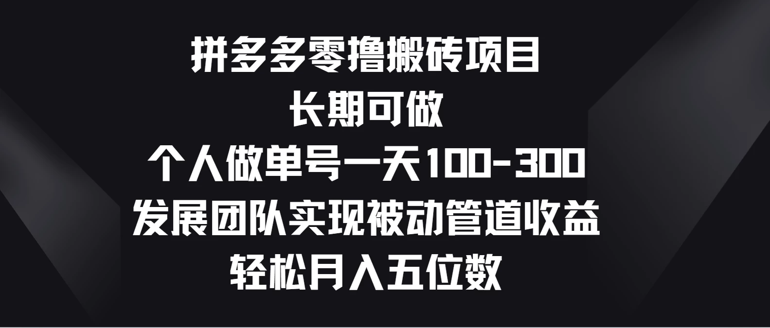 拼多多零撸搬砖项目，长期可做，个人做单号一天100-300，发展团队实现被动管道收益，轻松月入五位数,速发云资源网