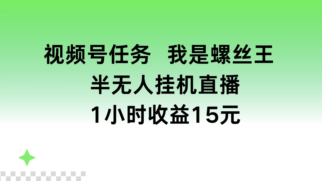 视频号任务，我是螺丝王， 半无人挂机1小时收益15元,速发云资源网