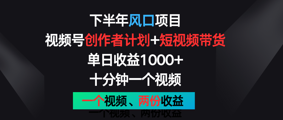 下半年风口项目，视频号创作者计划+视频带货，单日收益1000+，一个视频两份收益,速发云资源网