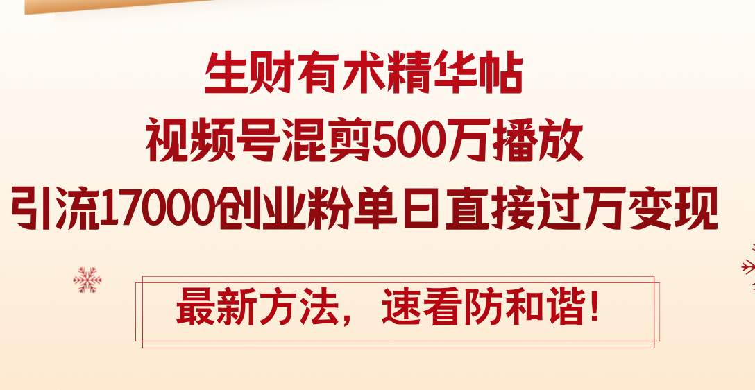 （12391期）精华帖视频号混剪500万播放引流17000创业粉，单日直接过万变现，最新方…,速发云资源网