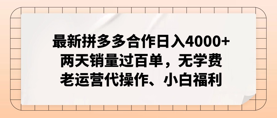 （12869期）拼多多最新合作日入4000+两天销量过百单，无学费、老运营代操作、小白福利,速发云资源网