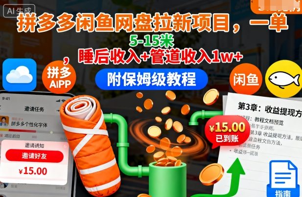 拼多多闲鱼网盘拉新项目，一单5-15米，睡后收入+管道收入1w+(附保姆级教程),速发云资源网