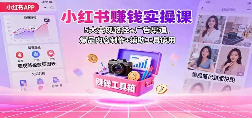 小红书赚钱实操课：5大变现路径+广告渠道，爆品内容制作+辅助工具使用,速发云资源网