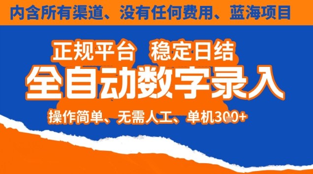 全自动数字录入，单机日入3张+，内含所有渠道全程免费零成本，操作简单可矩阵开干【揭秘】,速发云资源网