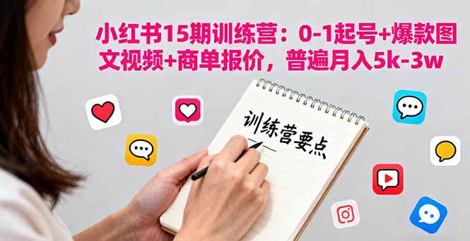 小红书15期训练营：0-1起号+爆款图文视频+商单报价，普遍月入5k-3w,速发云资源网