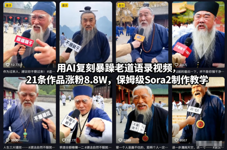 用AI复刻暴躁老道语录视频，21条作品涨粉8.8W，保姆级Sora2制作教学,速发云资源网