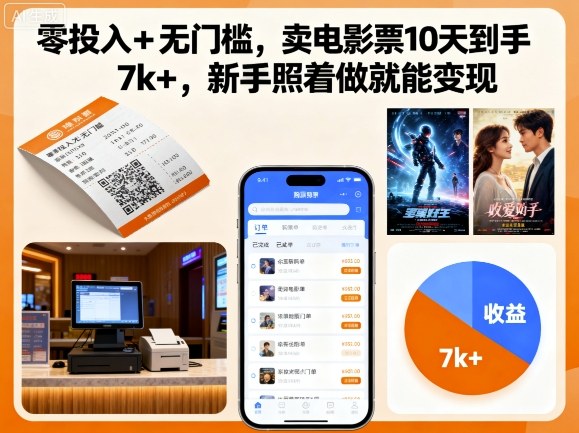 零投入+无门槛，卖电影票10天到手7k+，新手照着做就能变现【揭秘】,速发云资源网