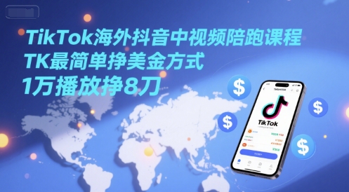 TikTok海外抖音中视频陪跑课程，TK最简单挣美金方式，1万播放挣8刀,速发云资源网