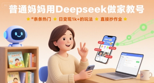 普通妈妈用Deepseek做家教号，条条热门，日变现1k+的玩法，直接抄作业,速发云资源网
