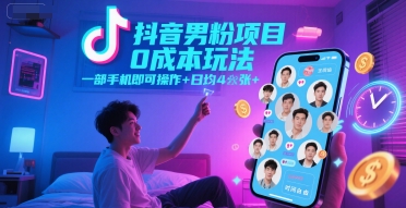 抖音男粉项目0成本玩法，一部手机即可操作，日均4张+，时间自由,速发云资源网