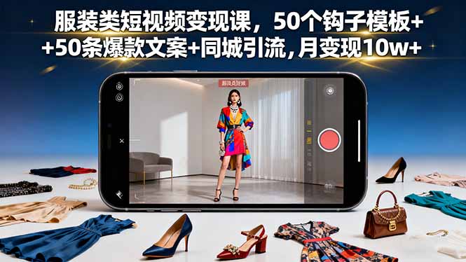 服装类短视频变现课，50个钩子模板+50条爆款文案+同城引流，月变现10w+,速发云资源网