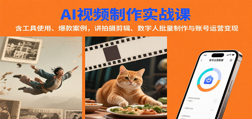 AI视频制作实战：含工具使用、爆款案例，讲拍摄剪辑、数字人批量制作与账号运营变现,速发云资源网