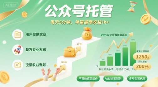 【公众号托管 】我提供文章，你发布，每天5分钟，单篇最高收益1k+【揭秘】,速发云资源网