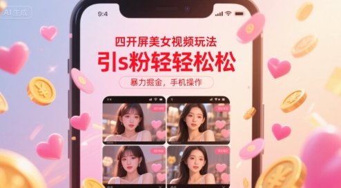 四开屏美女视频玩法，引s粉轻轻松松，暴力掘金，手机操作【揭秘】,速发云资源网