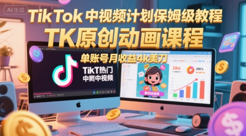 TikTok中视频计划保姆级教程，TK原创动画课程，单账号月收益4k美刀,速发云资源网