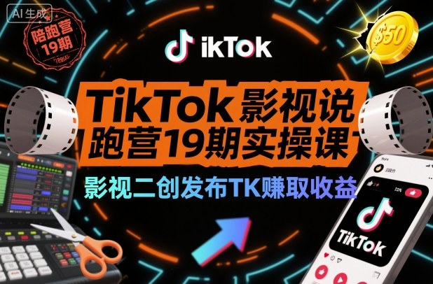 TikTok影视解说陪跑营19期实操课，影视二创发布TK賺取收益，万播收益50美金(更新),速发云资源网