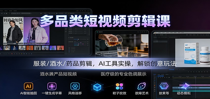 多品类短视频剪辑课：服装/酒水/药品剪辑，AI工具实操，解锁创意玩法,速发云资源网