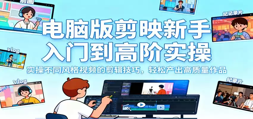 电脑版剪映新手入门到高阶实操，实操不同风格视频的剪辑技巧，轻松产出高质量作品,速发云资源网