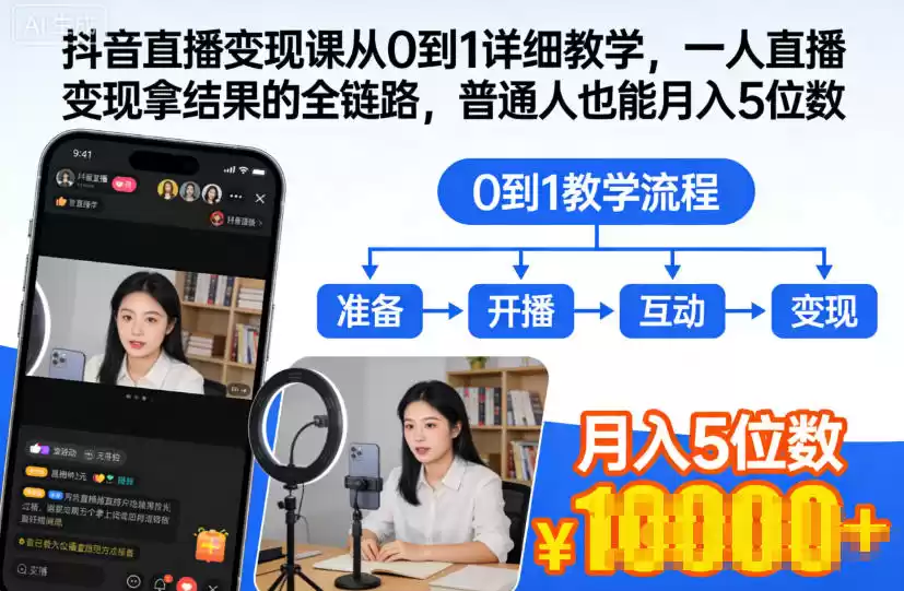 抖音直播变现课从0到1详细教学,一人直播变现拿结果的全链路,普通人也能月入5位数
