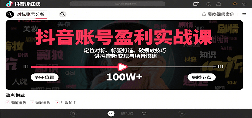 抖音账号盈利实战课，定位对标、标签打造、破播放技巧，讲涨粉变现与场景搭建,速发云资源网