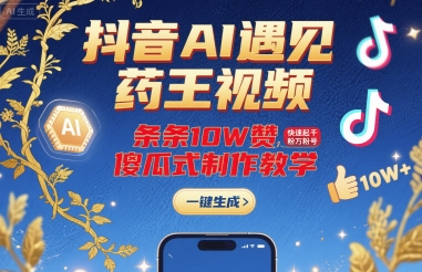 抖音AI遇见药王视频，条条10W赞，快速起千粉万粉号，傻瓜式制作教学,速发云资源网