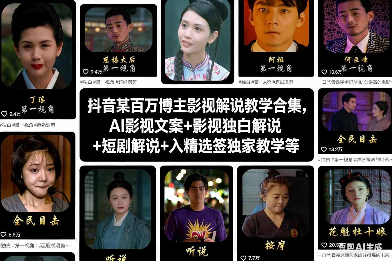 抖音某百万博主影视解说教学合集，AI影视文案+影视独白解说+短剧解说+入精选签独家教学等,速发云资源网