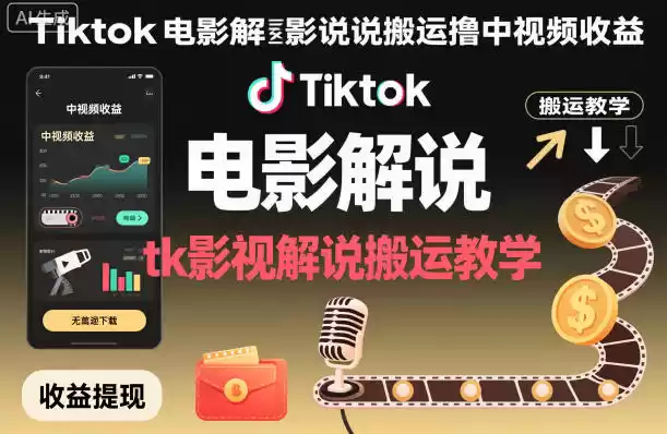 Tiktok电影解说搬运撸中视频收益，tk影视解说搬运教学,速发云资源网