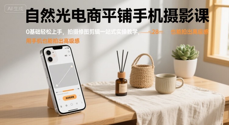 自然光电商平铺手机摄影课，0基础轻松上手，拍摄修图剪辑一站式实操教学，用手机也能拍出高级感,速发云资源网