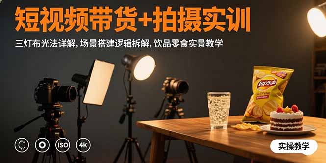 短视频带货+拍摄实训：三灯布光法详解,场景搭建逻辑拆解,饮品零食实景教学,速发云资源网
