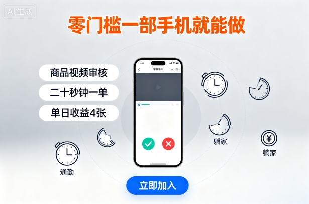 零门槛一部手机就能做，商品视频审核，通勤躺家碎片时间都能做，二十秒钟一单，单日收益4张【揭秘】,速发云资源网