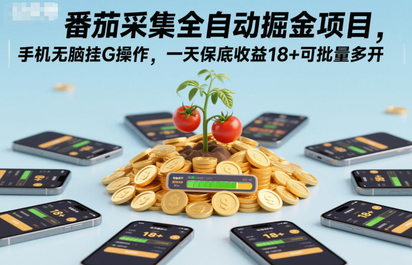 番茄采集全自动掘金项目，手机无脑挂G操作，一天保底收益18+可批量多开【揭秘】,速发云资源网