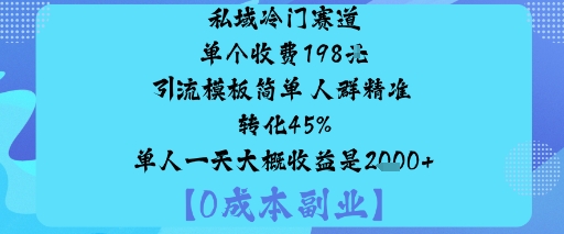 私域冷门赛道:单个收费198米引流模板简单人群精准转化45%单人一天大概收益是1k+,速发云资源网
