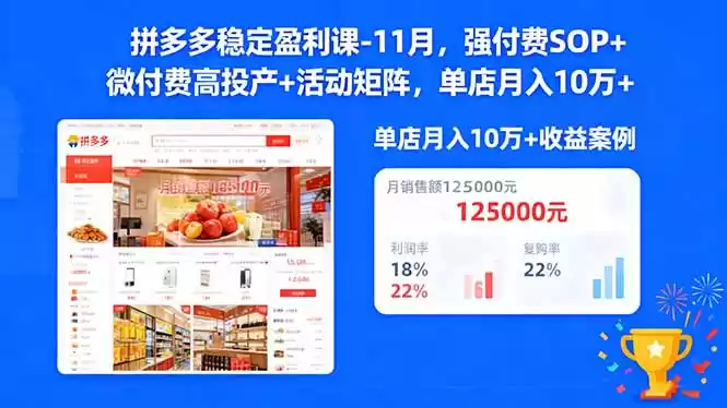 拼多多稳定盈利课-11月，强付费SOP+微付费高投产+活动矩阵，单店月入10万+,速发云资源网