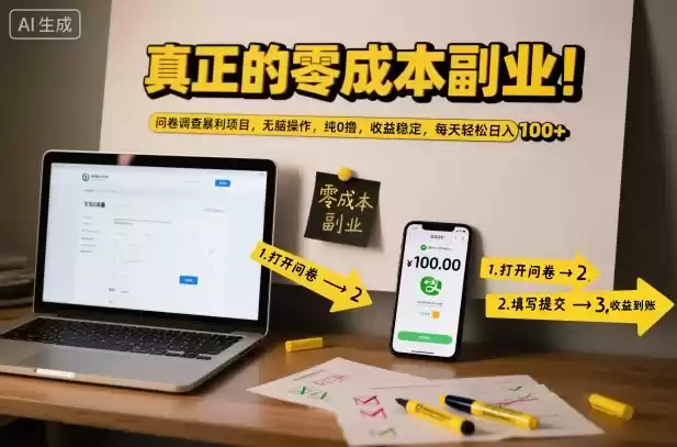 真正的零成本副业！问卷调查暴利项目，无脑操作，纯0撸，收益稳定，每天轻松日入100+【揭秘】,速发云资源网