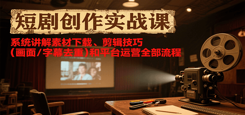 短剧创作实战课，系统讲解素材下载、剪辑技巧(画面/字幕去重)和平台运营全部流程,速发云资源网
