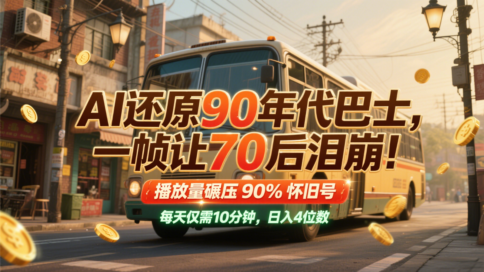 AI还原90年代巴士，一帧让70后泪崩！播放量碾压90%怀旧号，每天10分钟，日入4位数,速发云资源网