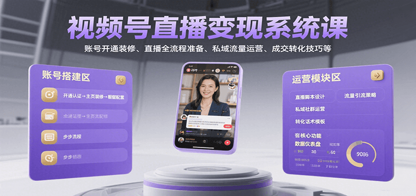 视频号直播变现系统课，账号开通装修、直播全流程准备、私域流量运营、成交转化技巧等,速发云资源网