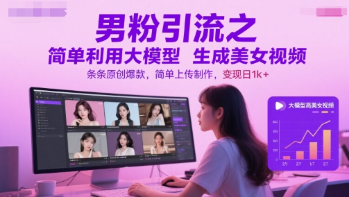 男粉引流之简单利用大模型生成美女视频，条条原创爆款，简单上传制作，变现日1k+,速发云资源网