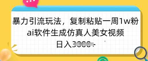 暴力引流玩法，复制粘贴一周1w粉，ai软件生成仿真人美女视频，日入多张,速发云资源网
