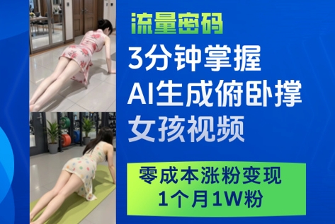 3分钟掌握AI生成俯卧撑女孩视频，零成本涨粉变现，1个月1W粉,速发云资源网