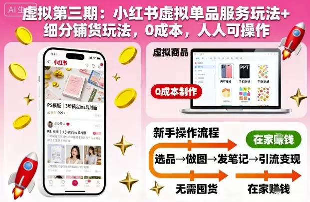 虚拟第三期：小红书虚拟单品服务玩法+细分铺货玩法，0成本，人人可操作,速发云资源网