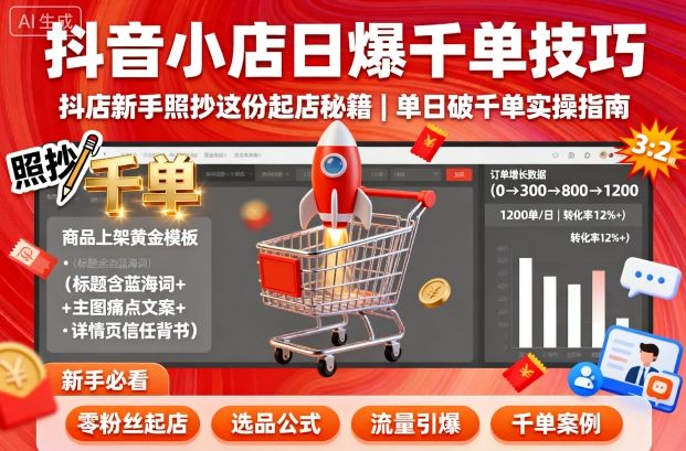 抖音小店日爆千单技巧，抖店新手照抄这份起店秘籍，单日破千单,速发云资源网