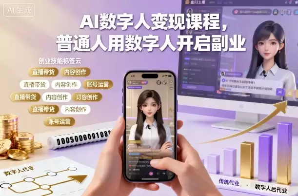 AI数字人变现课程，普通人用数字人开启副业,速发云资源网