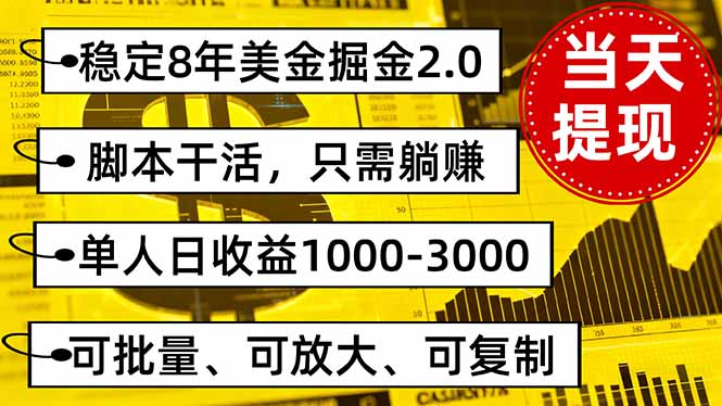 稳定8年美金掘金2.0脚本干活，只需躺赚。单人日收益1000-3000可批量、…,速发云资源网