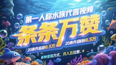 第一人称水族代言视频，条条万赞，20条作品涨粉7.8W，多种变现方式月入五位数,速发云资源网