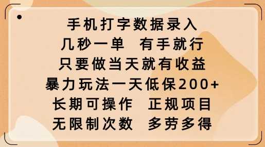 手机打字数据录入，几秒一单，有手就行，只要做当天就有收益，暴力玩法一天低保2张,速发云资源网