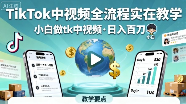 TikTok中视频全流程实操教学，小白做tk中视频，日入百刀,速发云资源网
