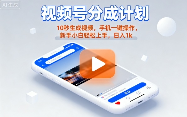 视频号分成计划懒人玩法，10秒生成视频，手机一键操作，新手小白轻松上手，日入1K【揭秘】,速发云资源网