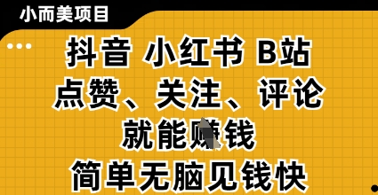 小而美的项目，抖音小红书B站视频点赞、关注、评论就能挣钱，简单无脑立见收益，妥妥的零撸项目【揭秘】,速发云资源网