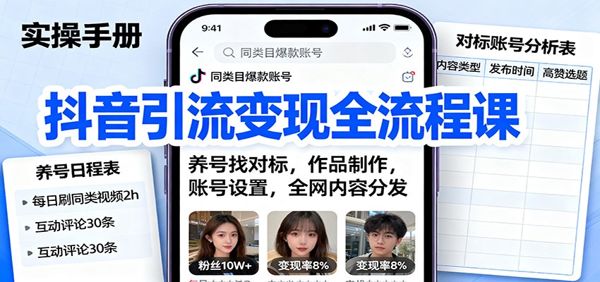 抖音引流变现全流程课：养号找对标，作品制作，账号设置，全网内容分发,速发云资源网